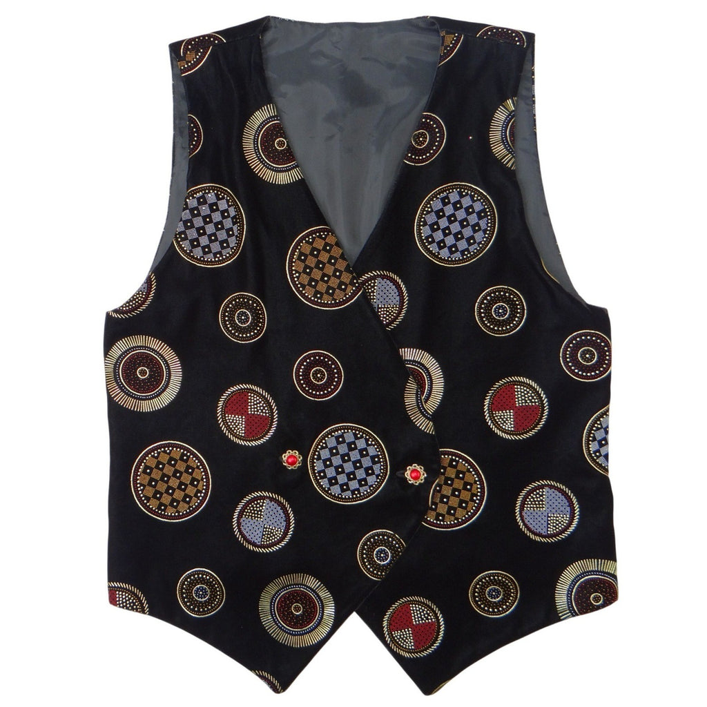 Stunning Vintage Black Velvet Geometric Print Vest with Red Gem Buttons