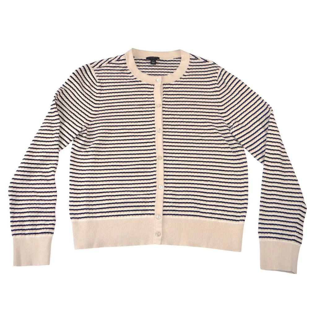 Ann Taylor Factory Striped Cardigan Sweater Cream Navy Blue Button Front Large