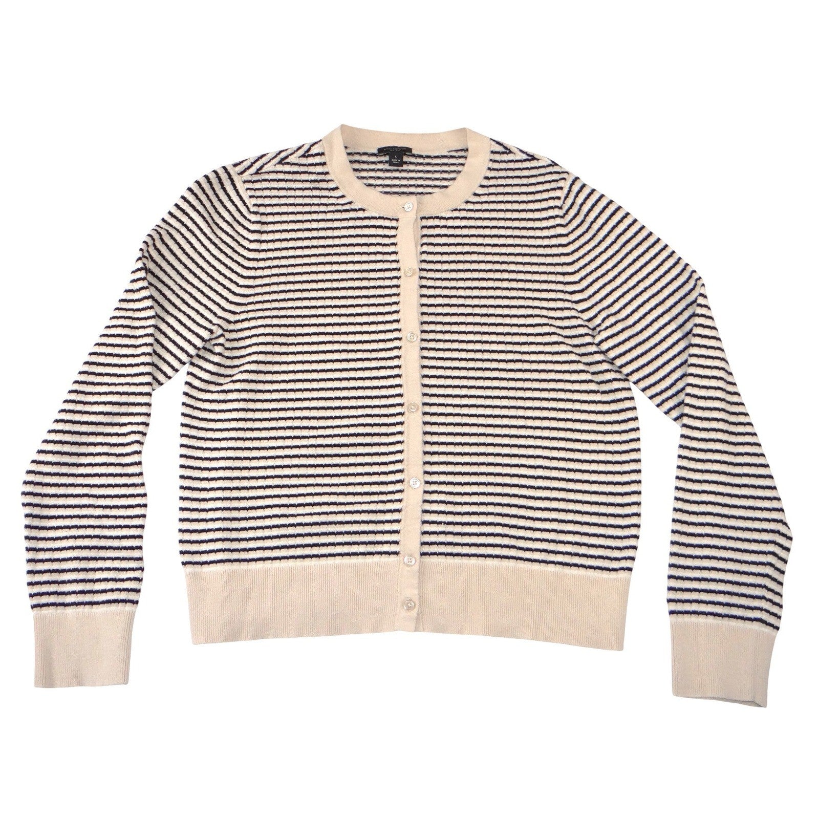 Ann Taylor Factory Striped Cardigan Sweater Cream Navy Blue Button Front Large