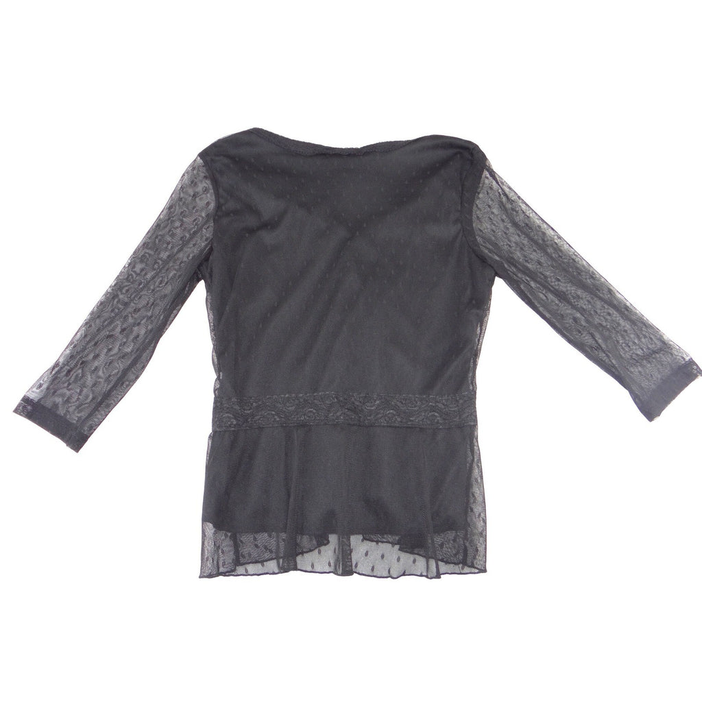 Apostrophe Black Mesh Swiss Dot Lace Trim V-Neck Peplum Blouse Size S