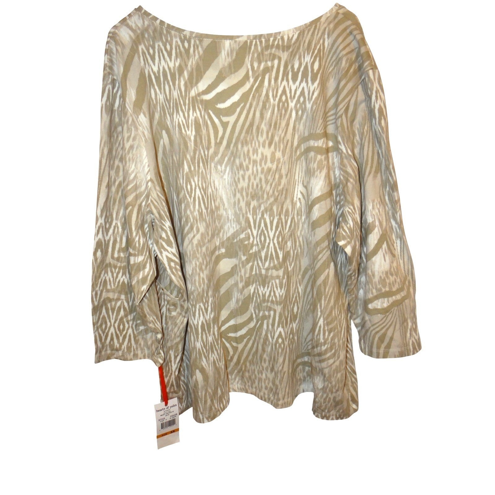 Hearts of Palm Women 3X Tunic Top Long Sleeve Beige Zebra Print V Neck