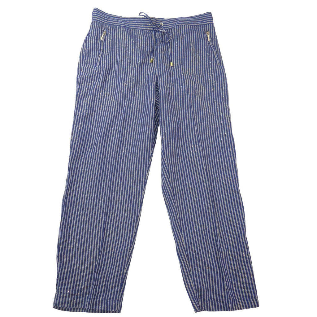 NWT-Ellen Tracy Linen Striped Drawstring Pants Navy Gold Metallic Joggers L