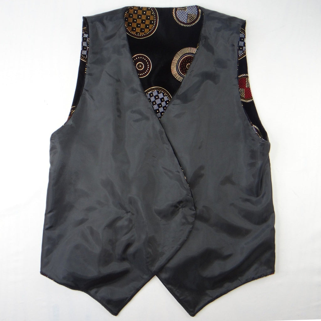 Stunning Vintage Black Velvet Geometric Print Vest with Red Gem Buttons