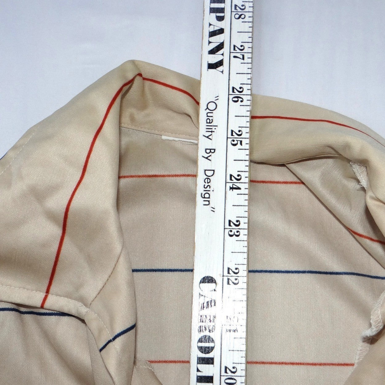 Vintage 70s Striped Long Sleeve Polo Shirt V-Neck Cream Red Navy Mens Medium