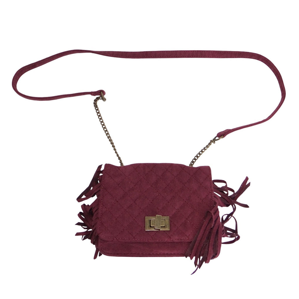 Art Class Burgundy Quilted Faux Suede Fringe Crossbody Bag Turn Lock