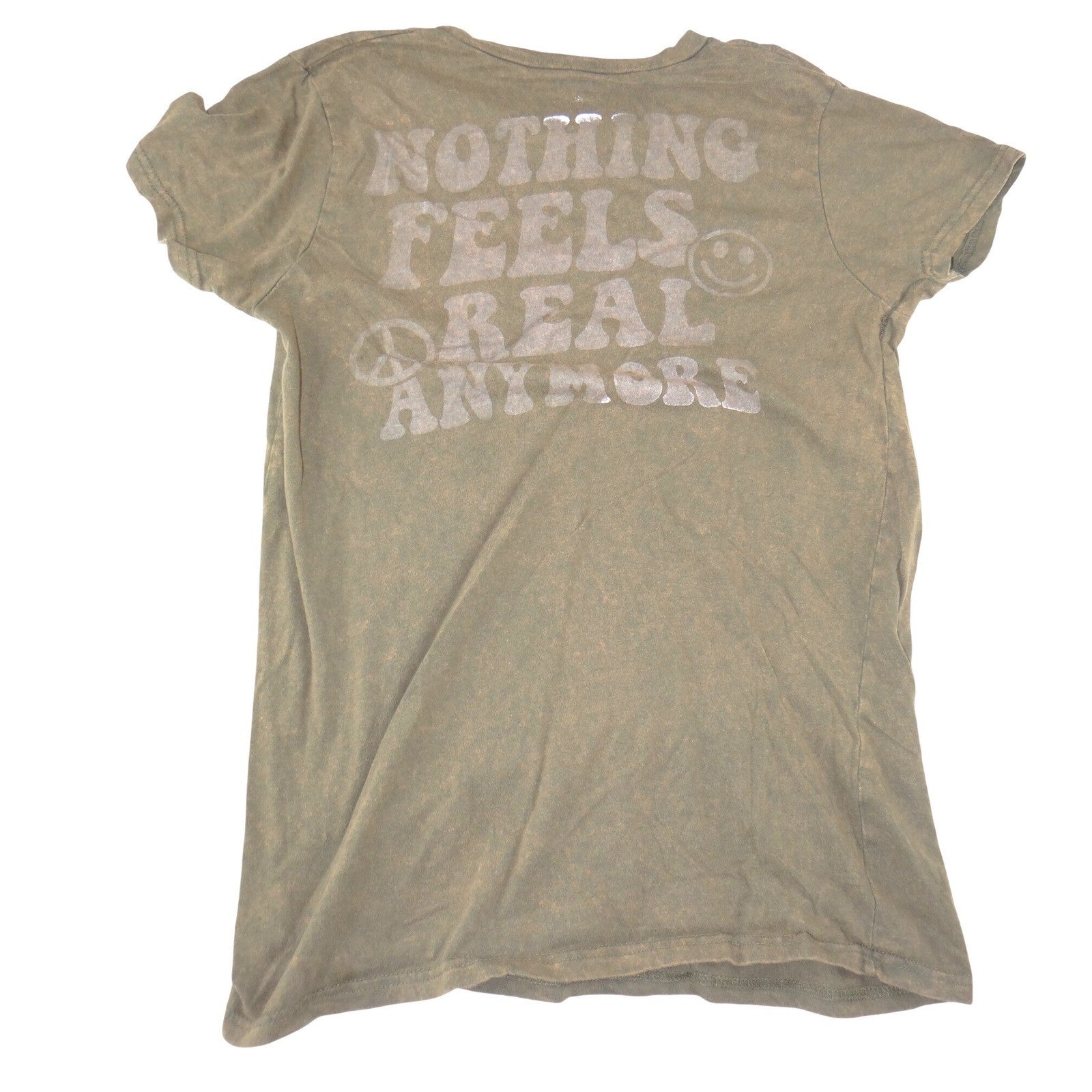 On Fire Nothing Feels Real Anymore Graphic Tee XL Olive Green Mineral Wash