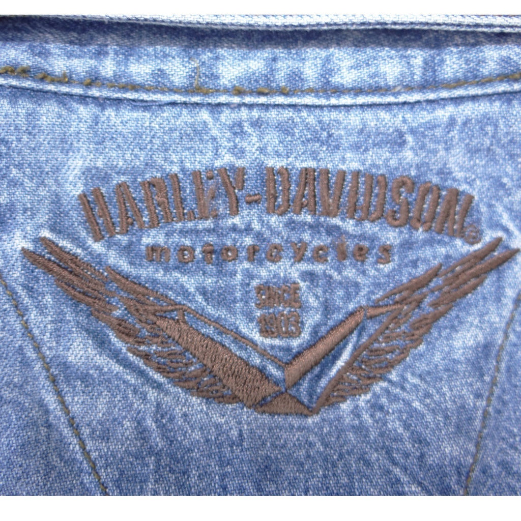 Harley Davidson Mens Blue Denim Long Sleeve Button Up Shirt Embroidered Logo