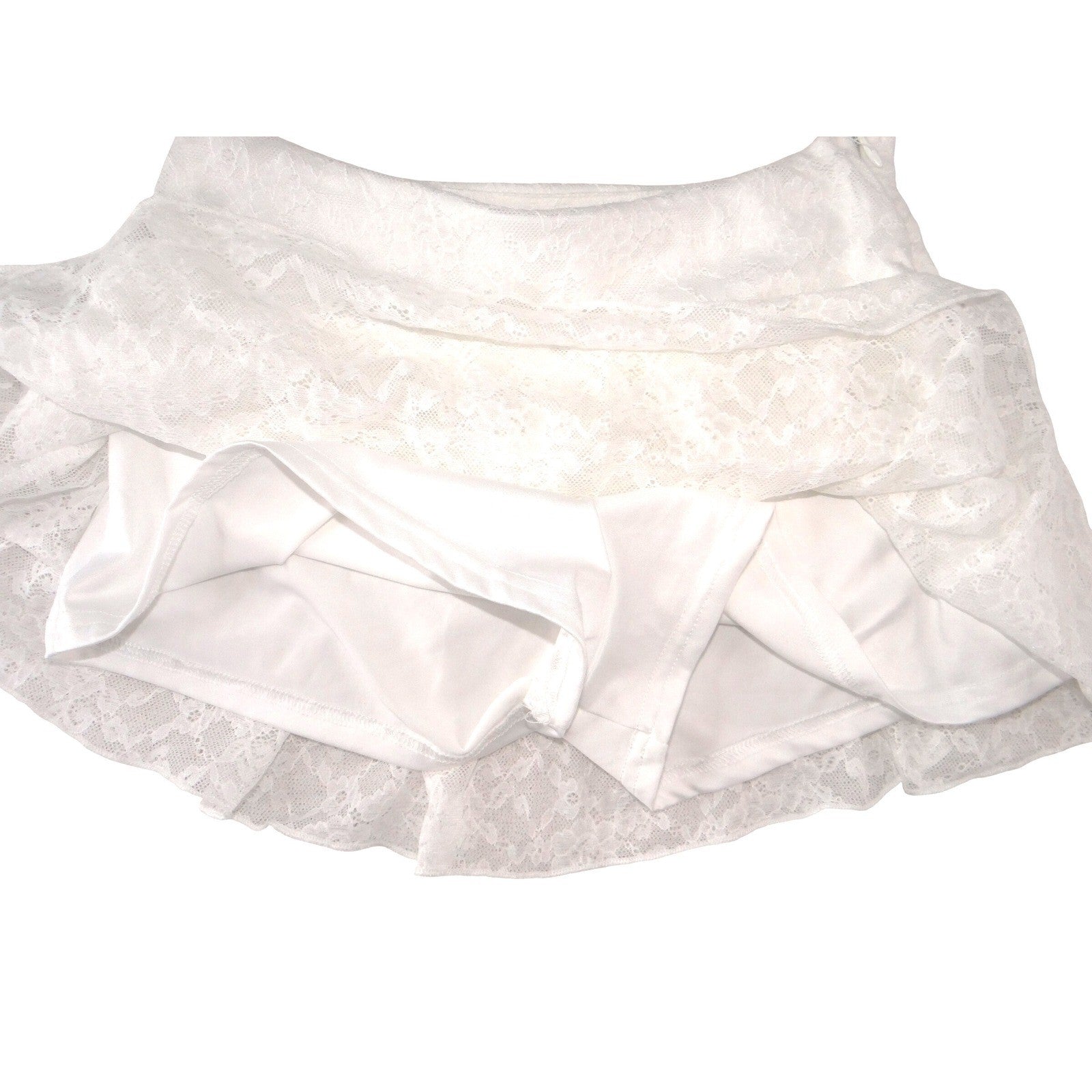 Womens White Floral Lace Tiered Ruffle Skort Side Zip Mini Skirt Shorts