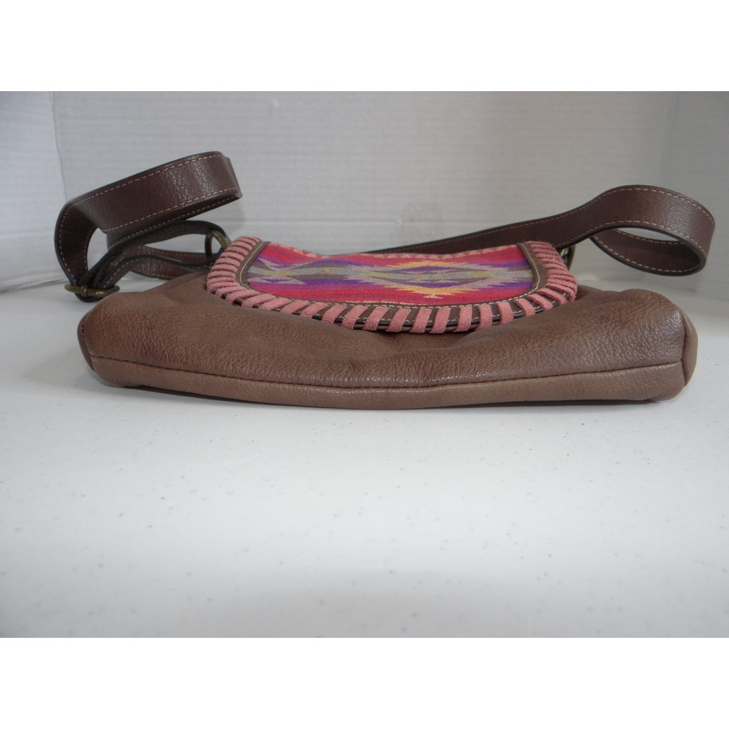 Brown Leather Southwestern Woven Flap Crossbody Bag Whipstitch Detail Boho
