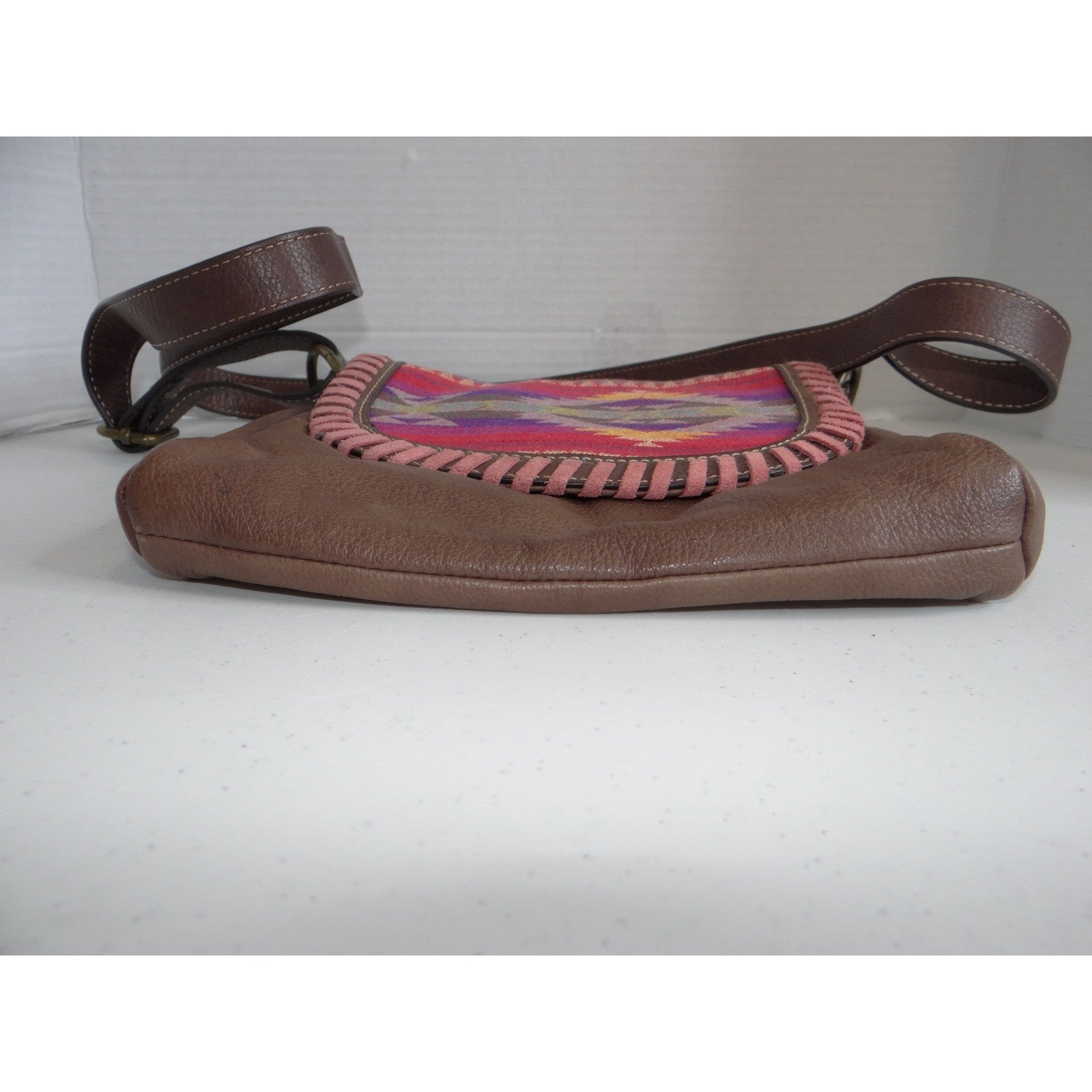 Brown Leather Southwestern Woven Flap Crossbody Bag Whipstitch Detail Boho
