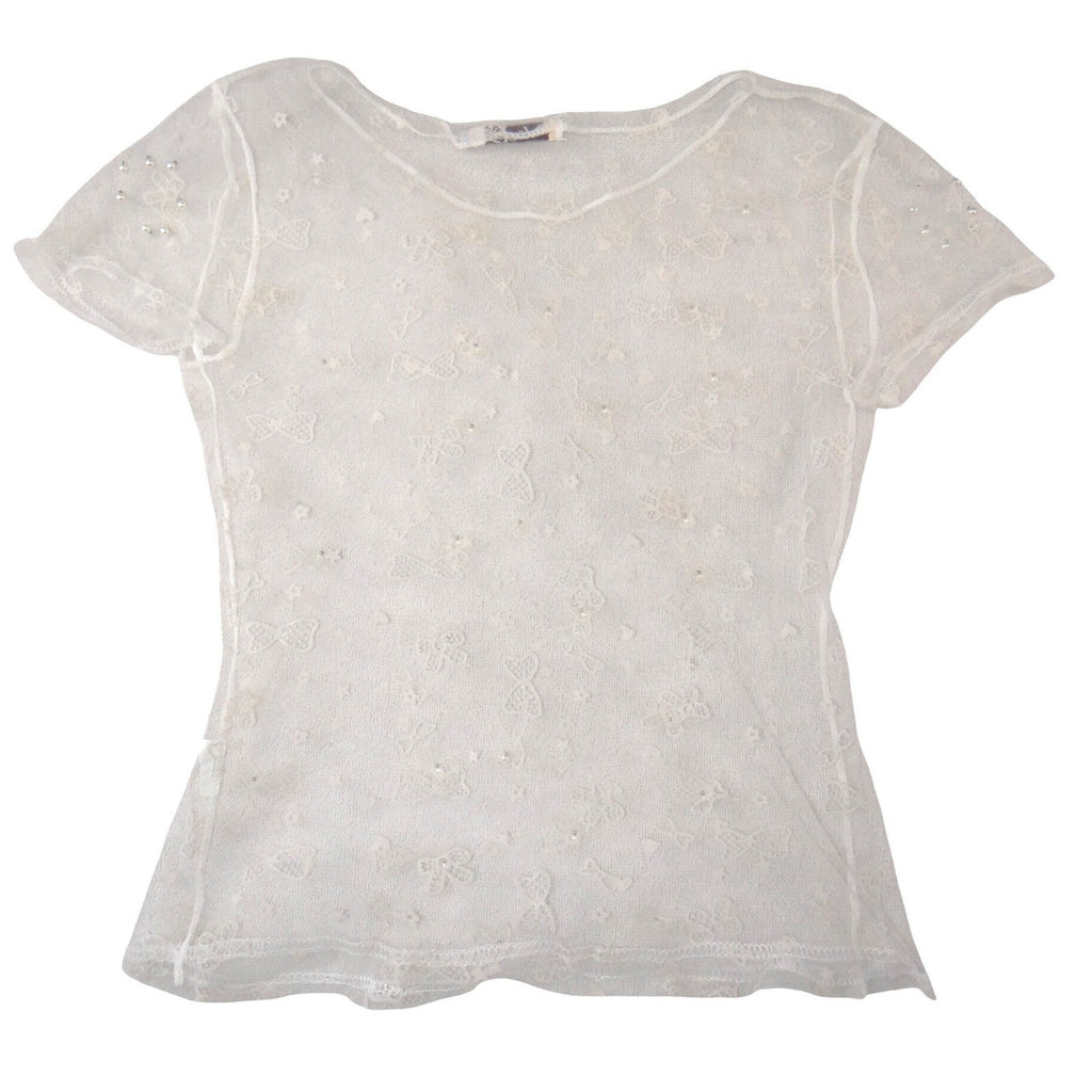 Colorful White Sheer Lace Mesh Bow Pearl Top Short Sleeve Scoop Neck Womens S/M