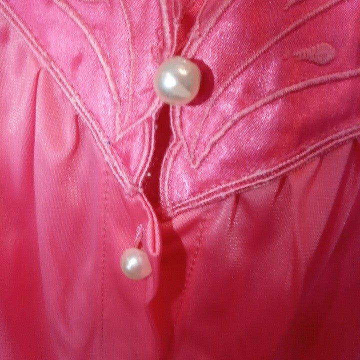 Vintage Princess Lingerie Pink Satin Nightgown Pearl Buttons Sheer Trim Size L