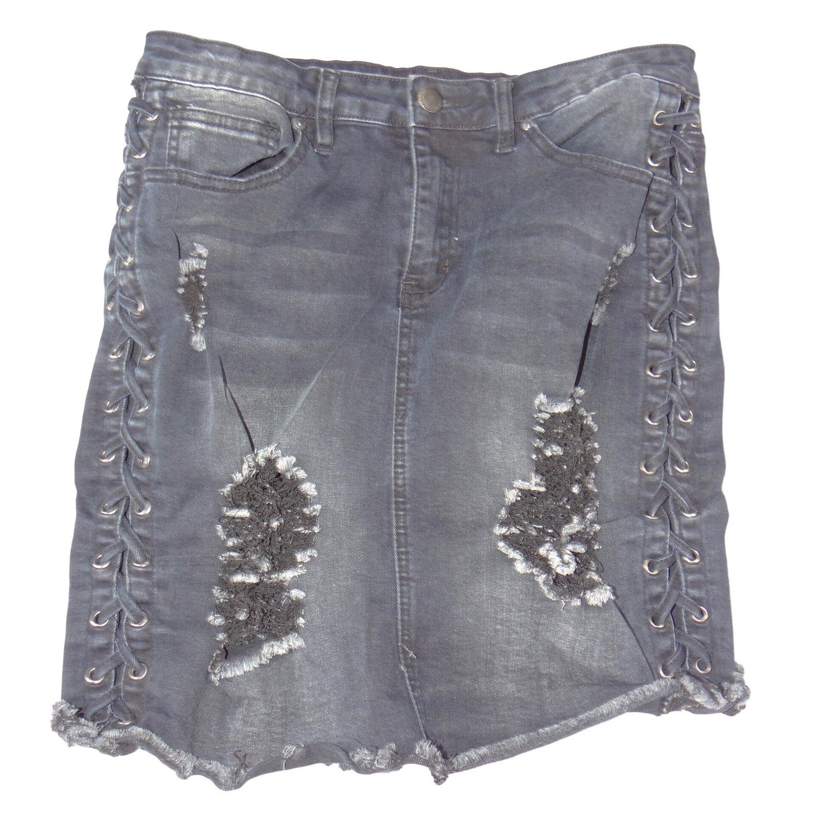 American Bazi Black Distressed Lace Up Denim Mini Skirt Womens Large