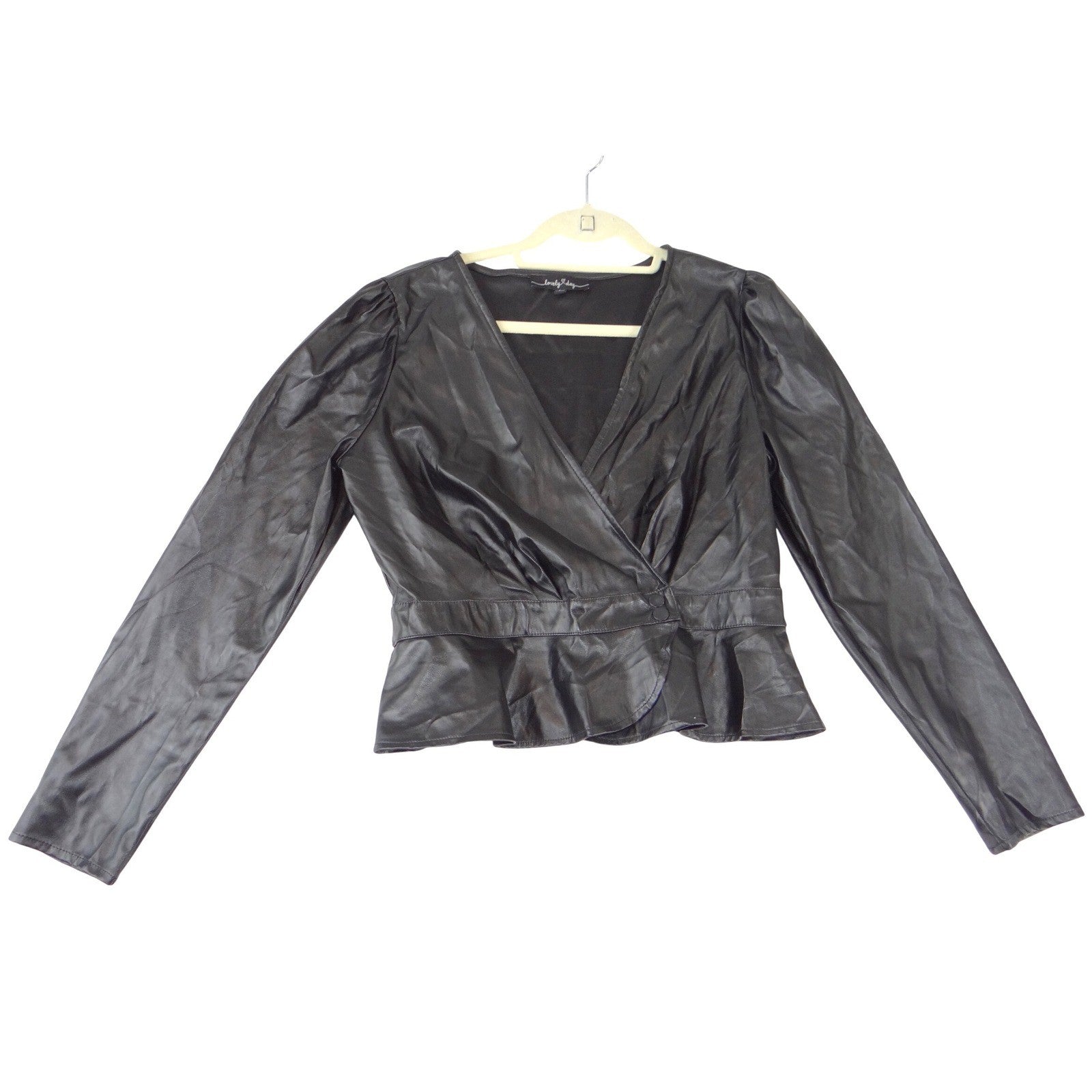 Lovely Day Black Faux Leather Wrap Peplum Top Puff Sleeve V-Neck Size L