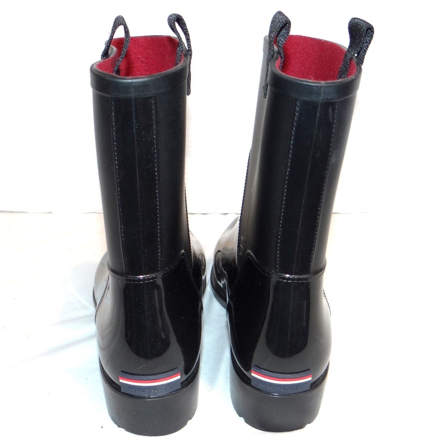 Tommy Hilfiger Khristie Black Boots Women 10M Glossy Matte Mid Calf Waterproof