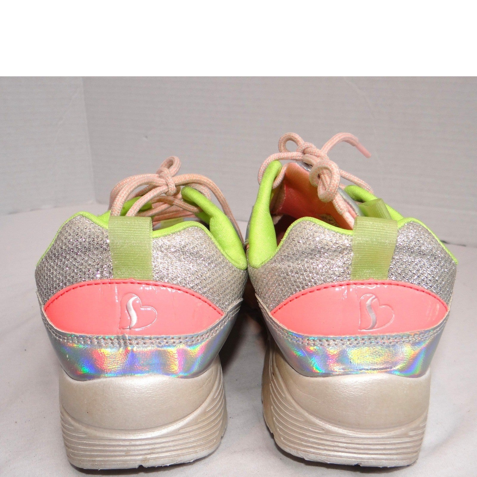 Skechers Girls Silver Holographic Glitter Rainbow Lace Up Sneakers Shoes Sz 5 US