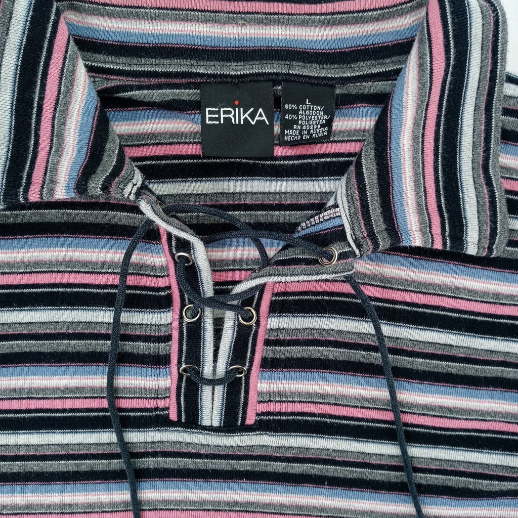 VTG Erika Striped Lace Up Collar Long Sleeve Womens Sz L Pink Black Gray Blue