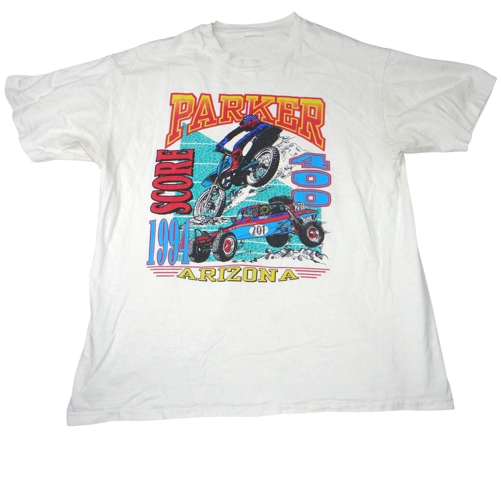 Vintage 1994 Parker Score 400 Arizona Racing Graphic T-Shirt White XL 23x27