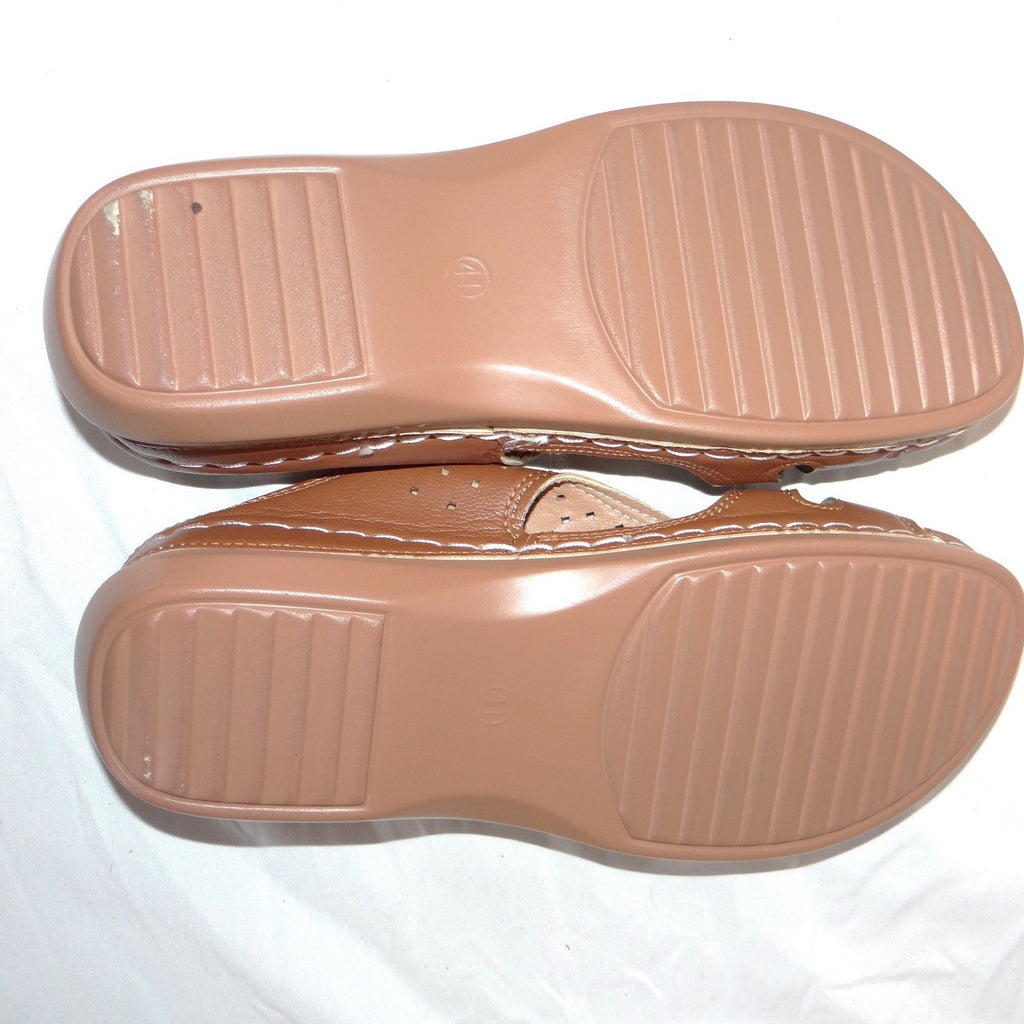Womens Tan Floral Wedge Sandals Perforated Slip On Comfort Slides Brown EU 41