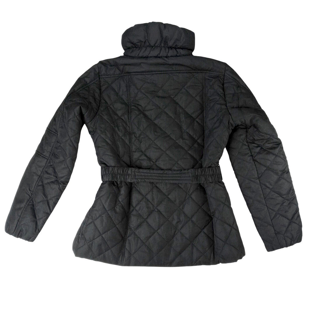 NWT Vintage Black Quilted Belted Puffer Jacket Stand Collar Full Zip Women's M
