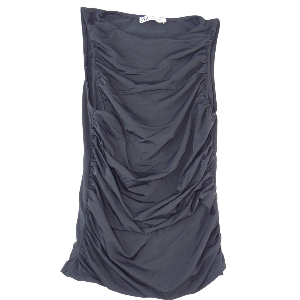 Zara Womens Ruched Sleeveless Blouse Black Boat Neck Slim Fit Top Small