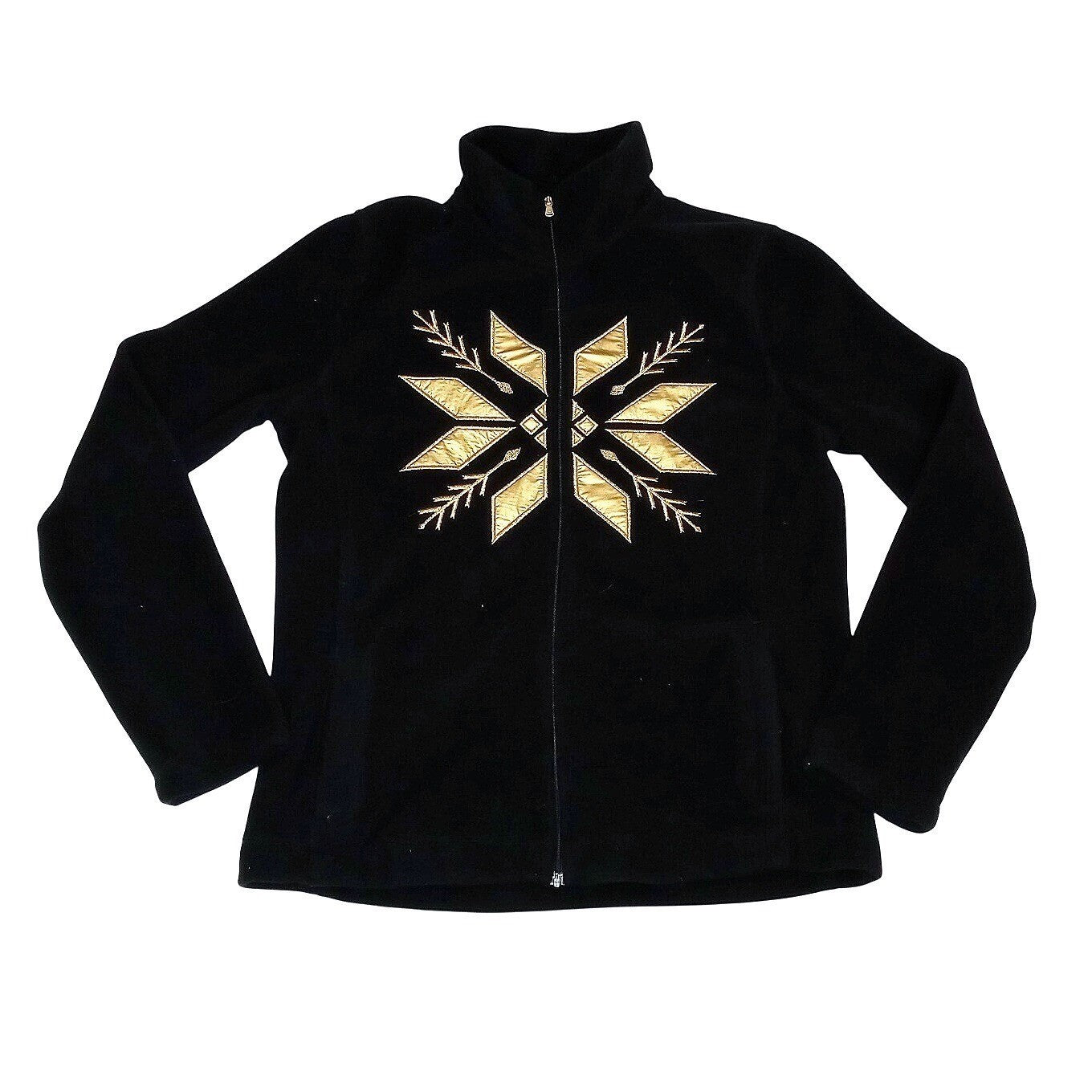 Vintage RL Ralph Lauren Active Petite Black Fleece Zip Jacket Gold Snowflake - M