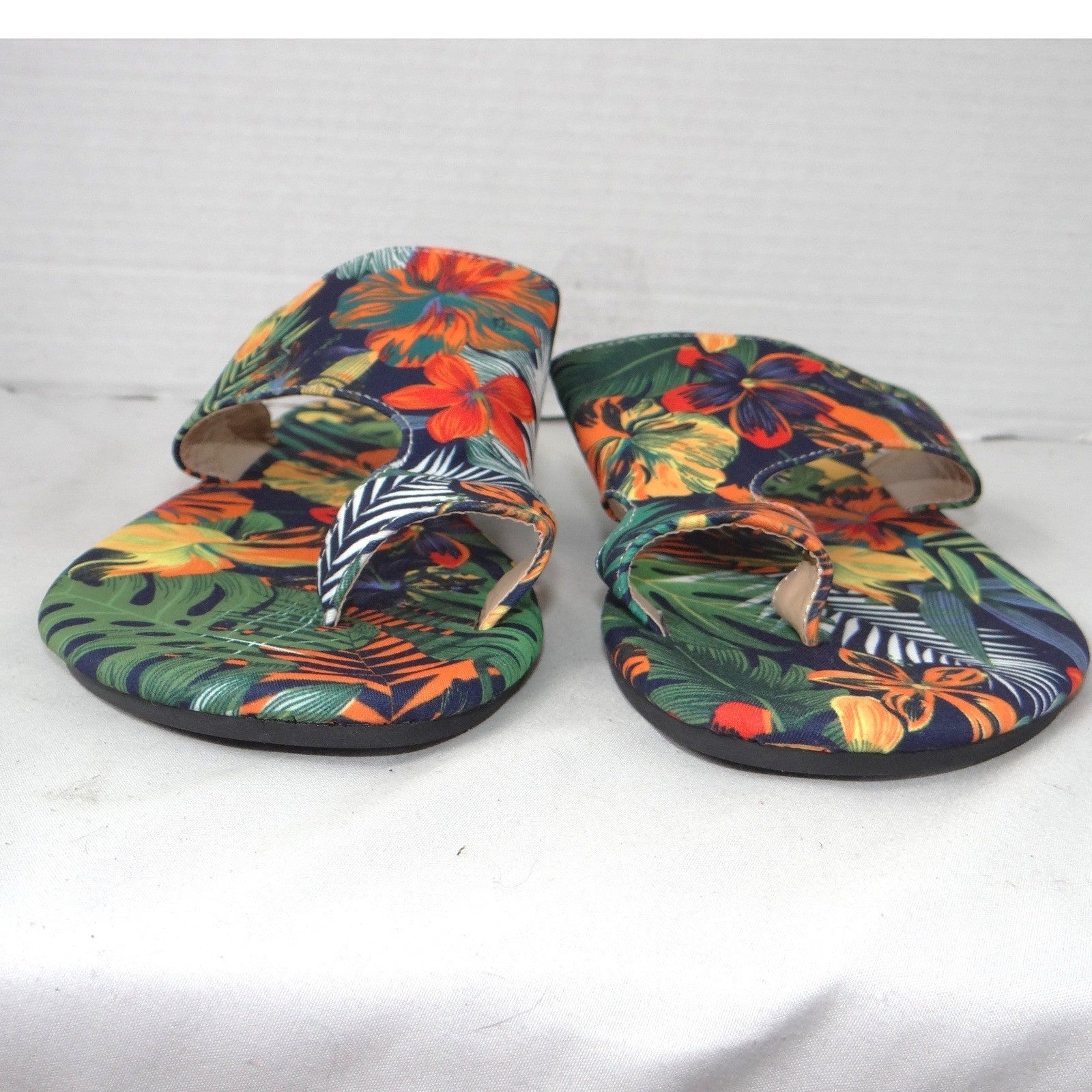 Womens Tropical Floral Toe Loop Slide Sandals Multicolor Botanical Flat Size 42