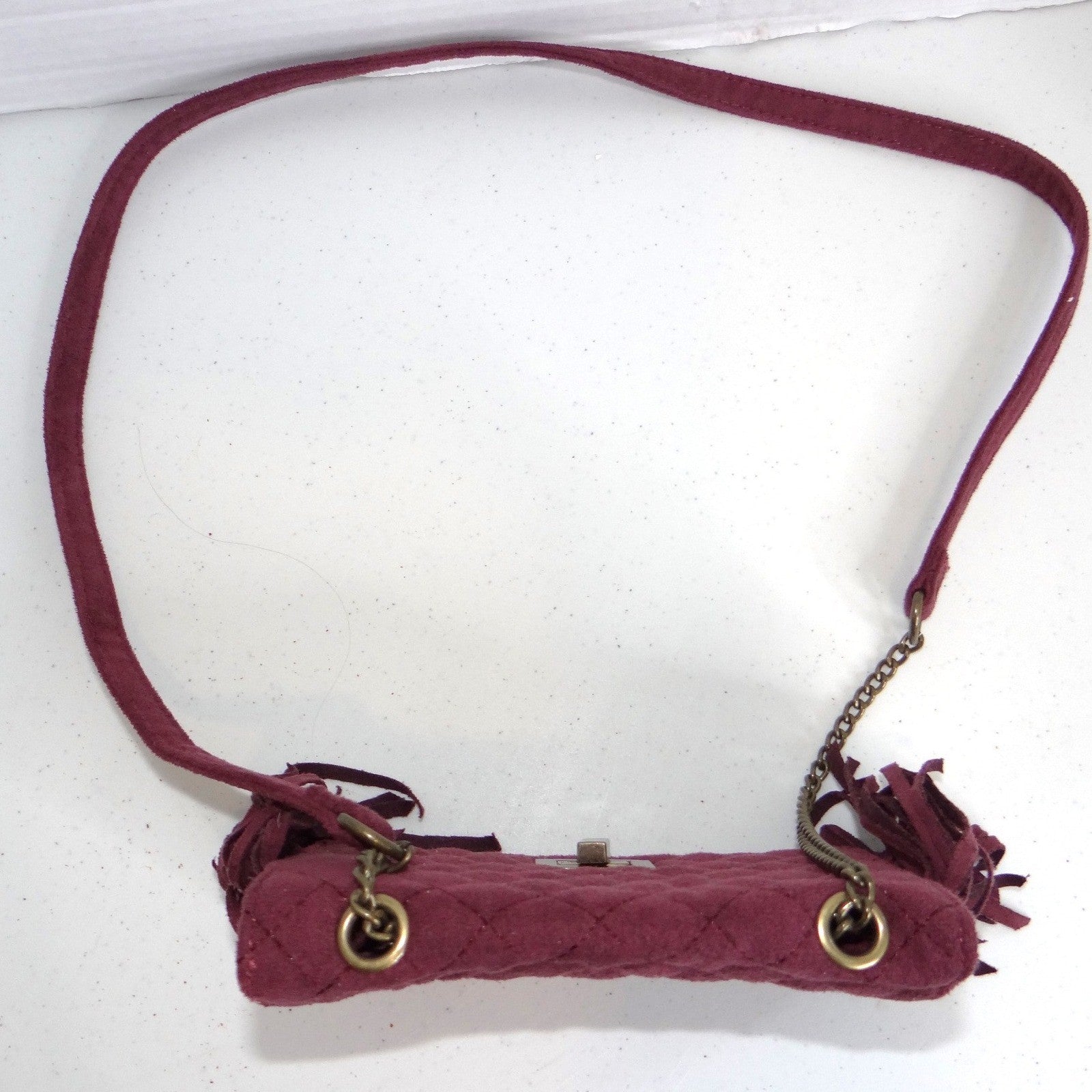 Art Class Burgundy Quilted Faux Suede Fringe Crossbody Bag Turn Lock
