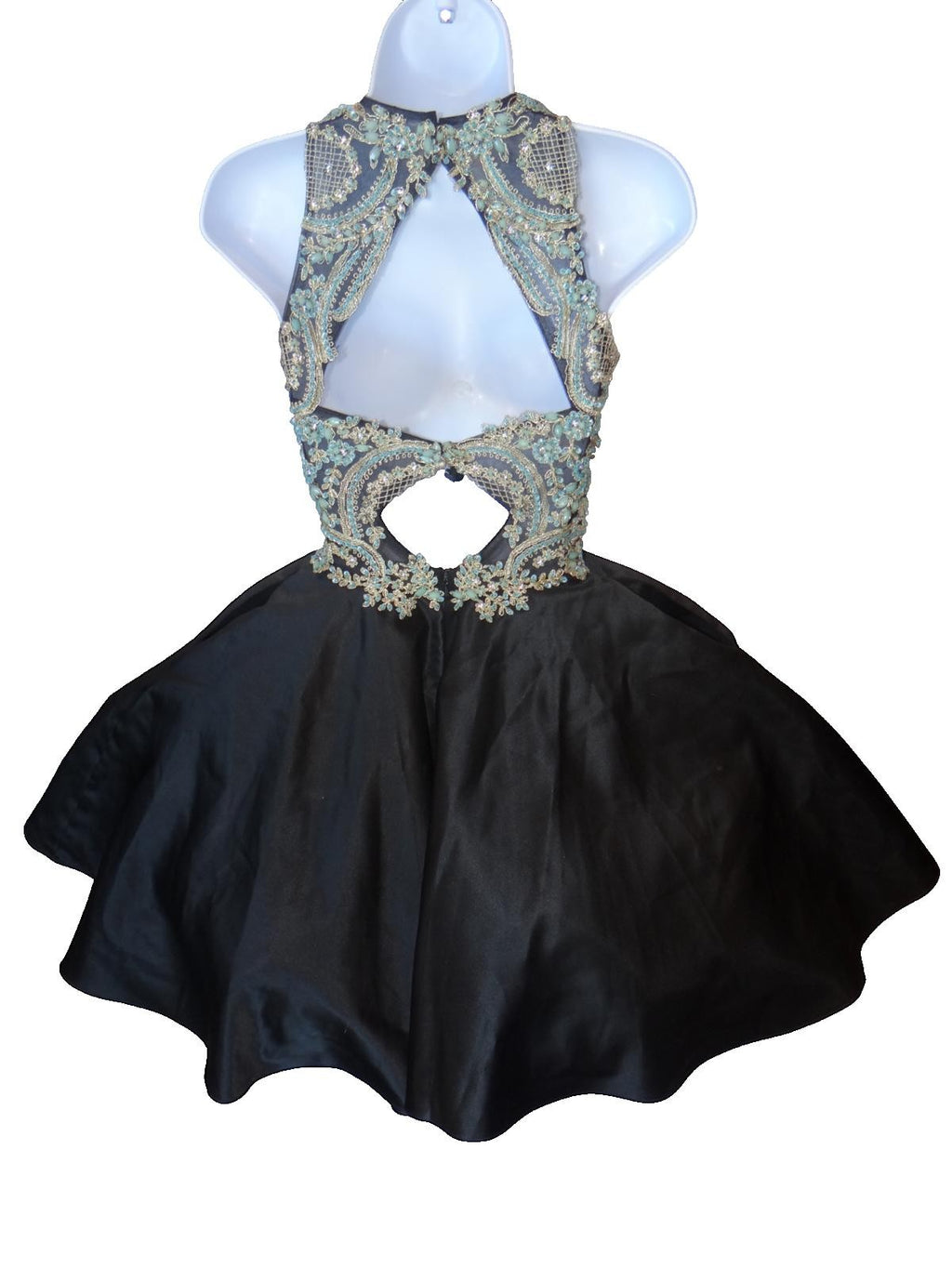 Aspeed Black Mini Dress with Embroidered Floral Bodice and Sheer Details