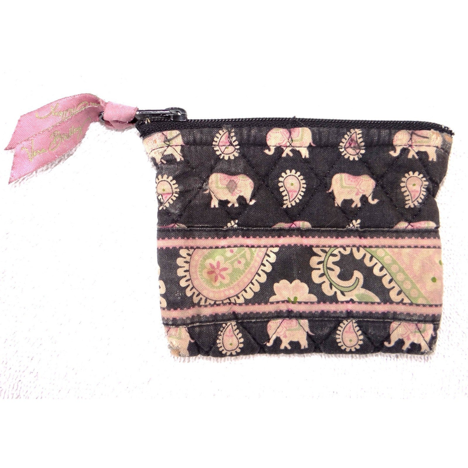 Vera Bradley Elephant Paisley Quilted Cotton Zip Coin Purse Pouch Black Pink