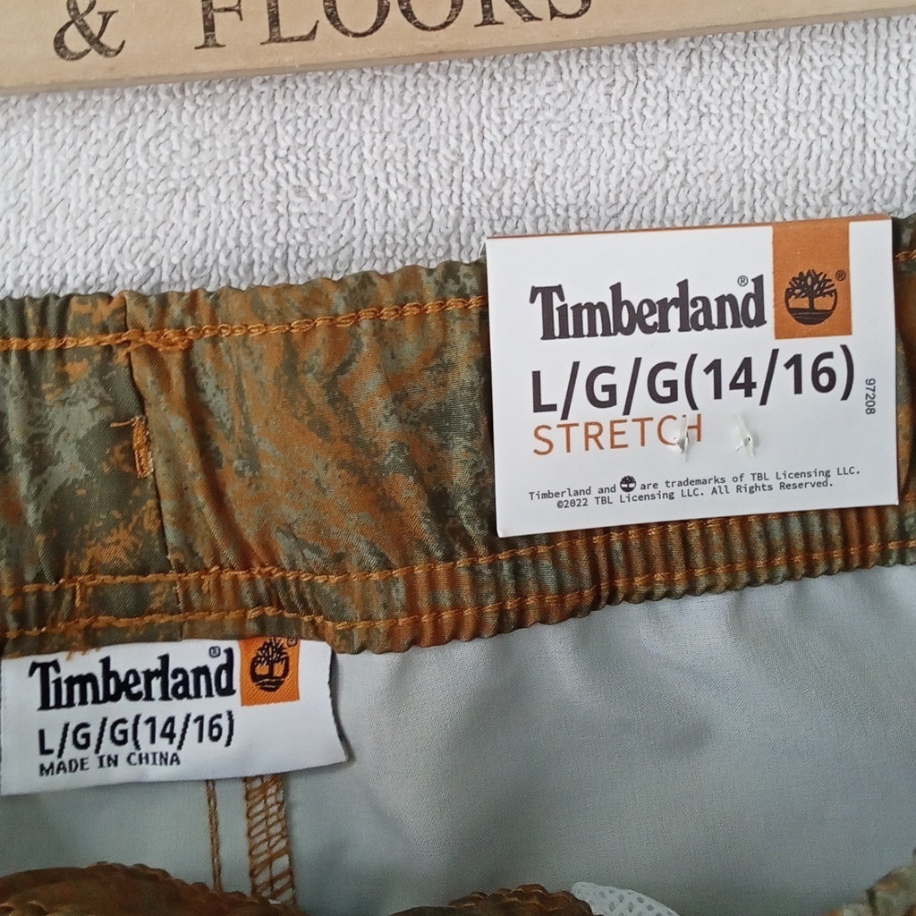 NWT-Timberland Youth Camo Marble Stretch Shorts Green Rust Size L 14/16 MSRP $44