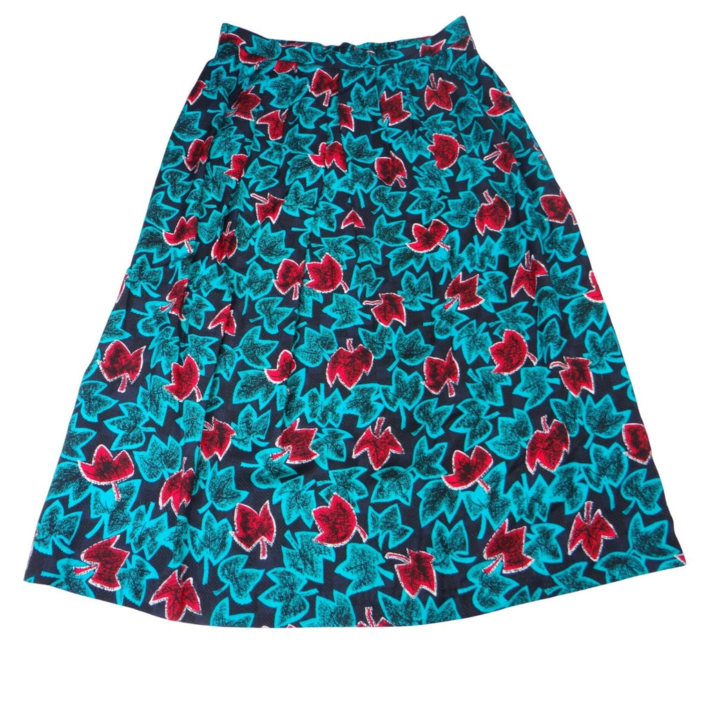 Vintage Greenwich Square Teal Red Leaf Print Midi Skirt Size 13-14 Elastic Waist