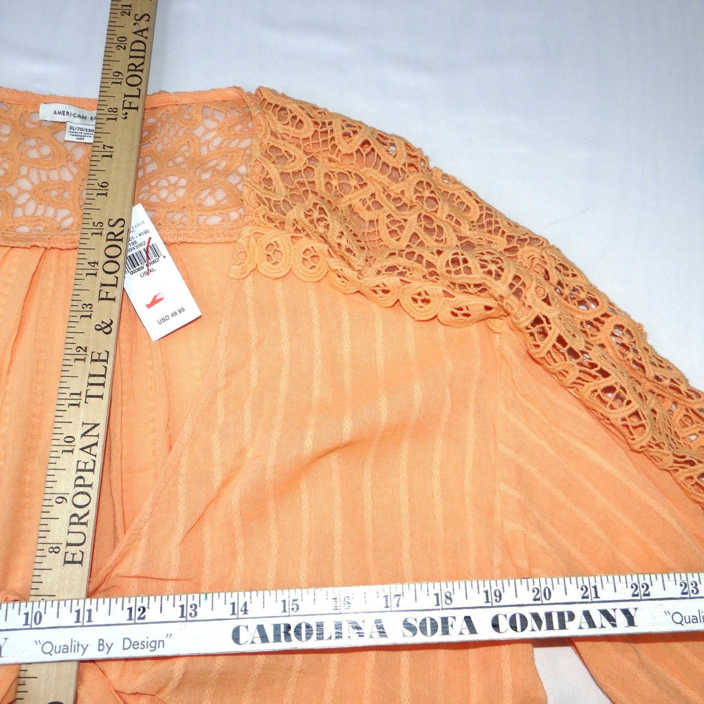 NWT-American Eagle Orange Lace Trim Tie Front Blouse Cropped Textured Size XL
