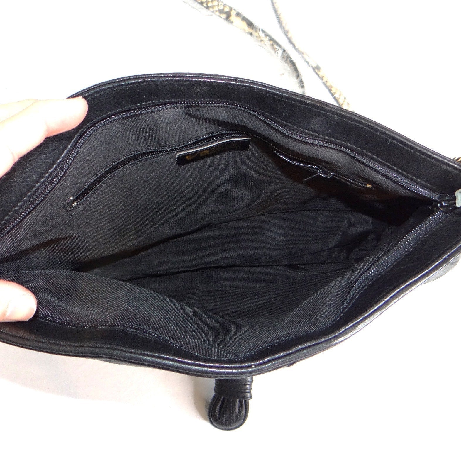 Vintage Black Leather Patchwork Shoulder Bag Gold Chain Snakeskin Strap