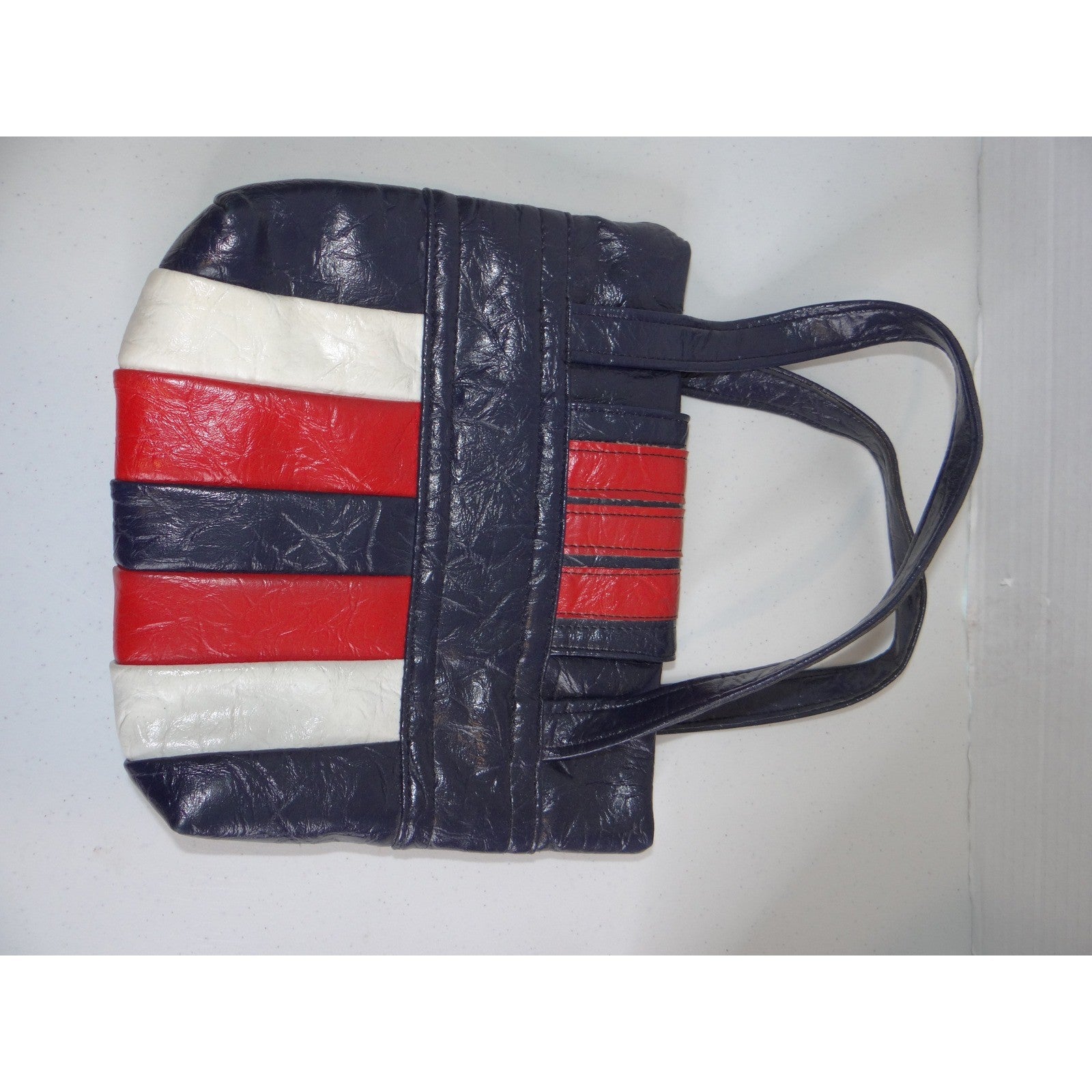 Vintage Style Tricolor Striped Shoulder Bag Navy Red White Turn Lock Tote 2745
