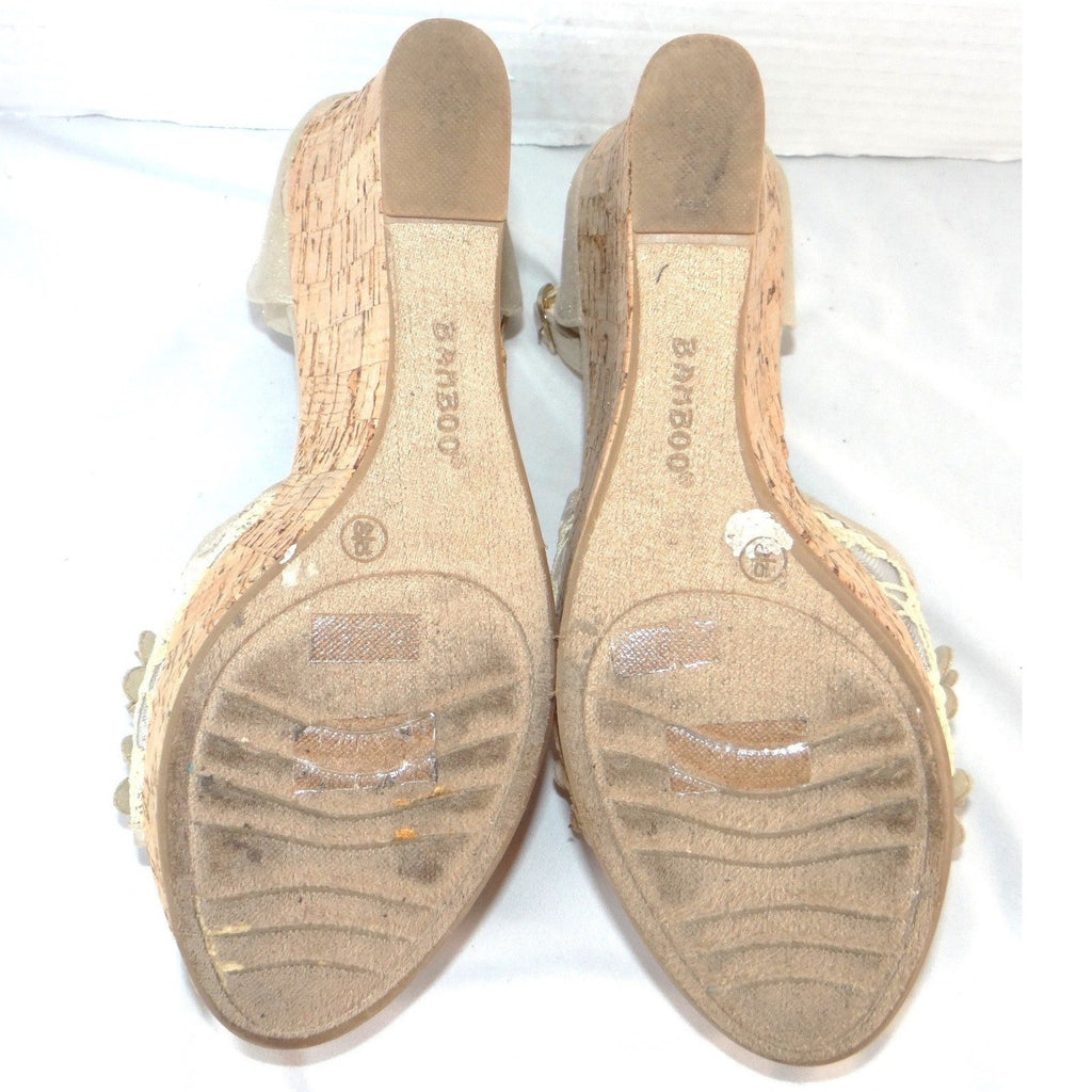 Bamboo Womens Champagne Gold Floral Lace Cork Wedge Platform Sandals Size 10