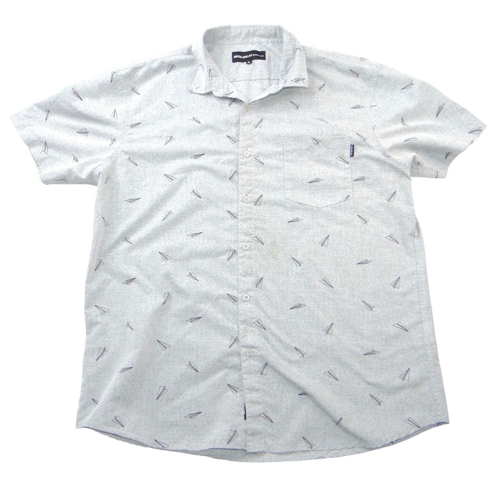 Molokai Surf Co Mens XL Heather Grey Paper Plane Print Short Sleeve Button Down