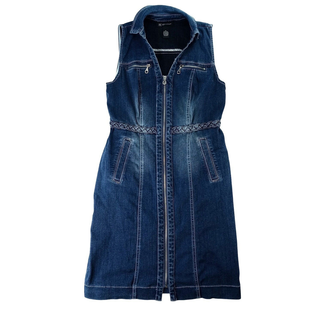 INC International Concepts Petite Sleeveless Denim Dress Zip Front Braided Belt