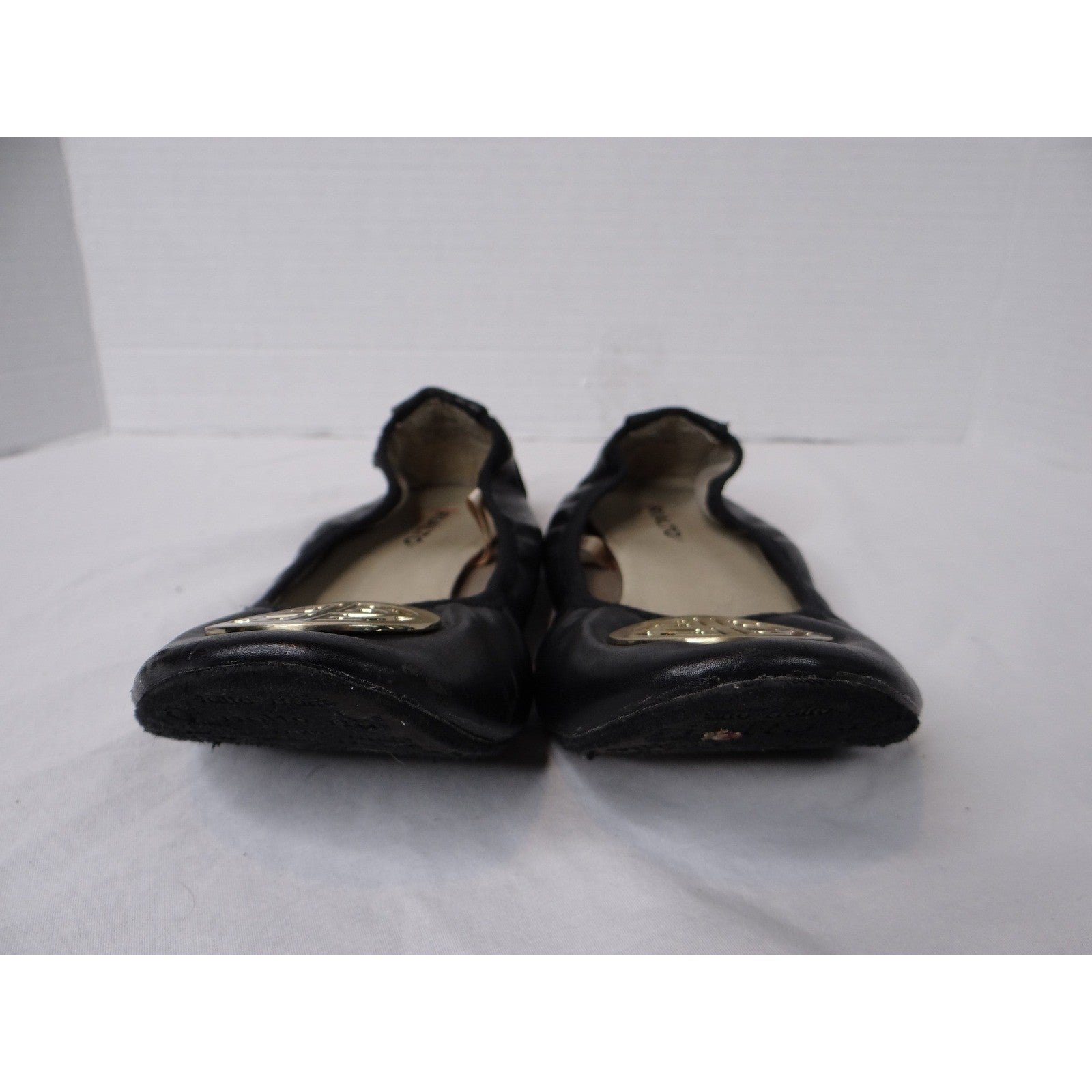 Rialto Black Leather Ballet Flats with Gold Logo Accent Women's Size 6.5