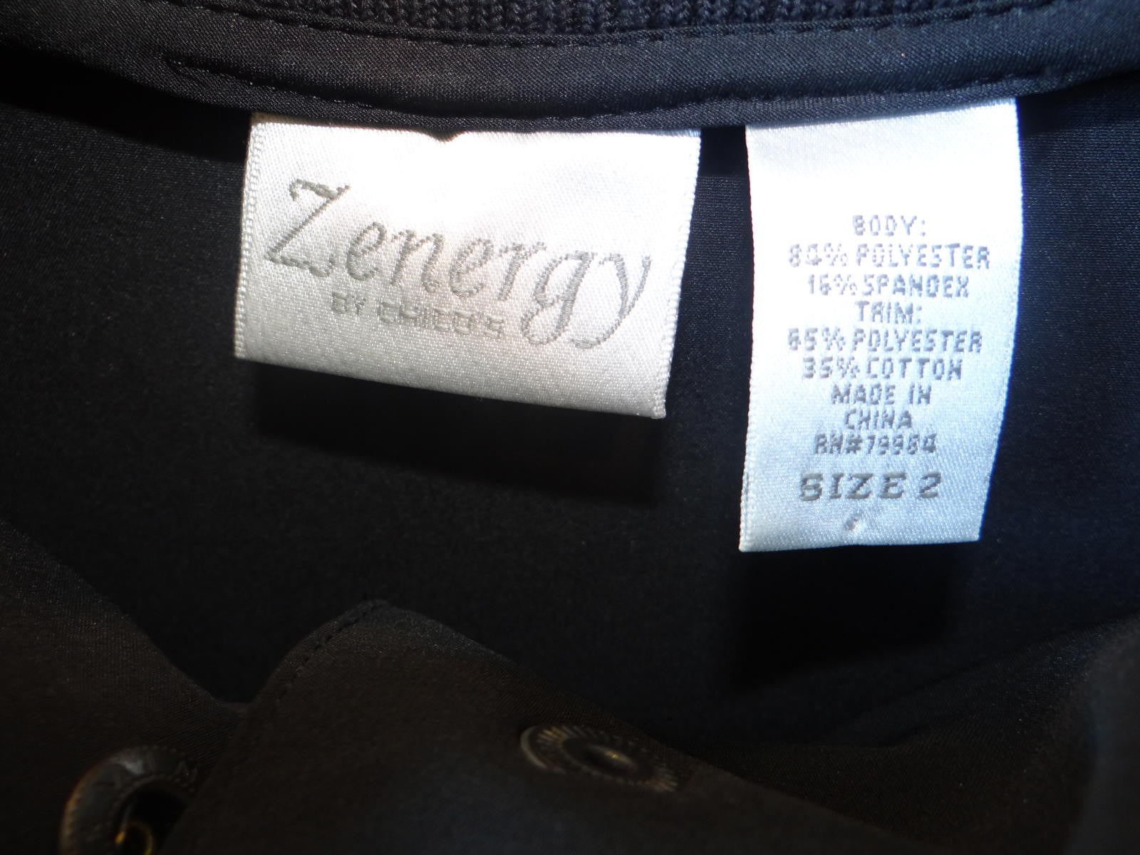 Zenergy by Chico's Black Women's Zip-Up Scrub Style Jacket Size 2