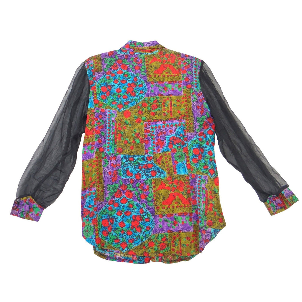 My Favorites Vintage Patchwork Blouse Sheer Mesh Sleeves Heart Buttons Large