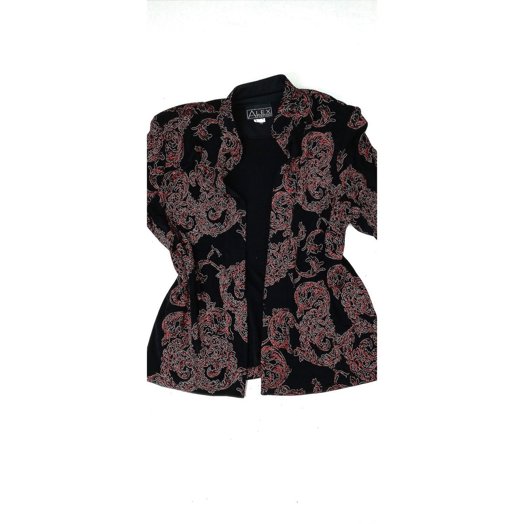 Vintage ALEX EVENINGS Black Red Paisley Sparkle Glitter Blazer Jacket Women Sz L