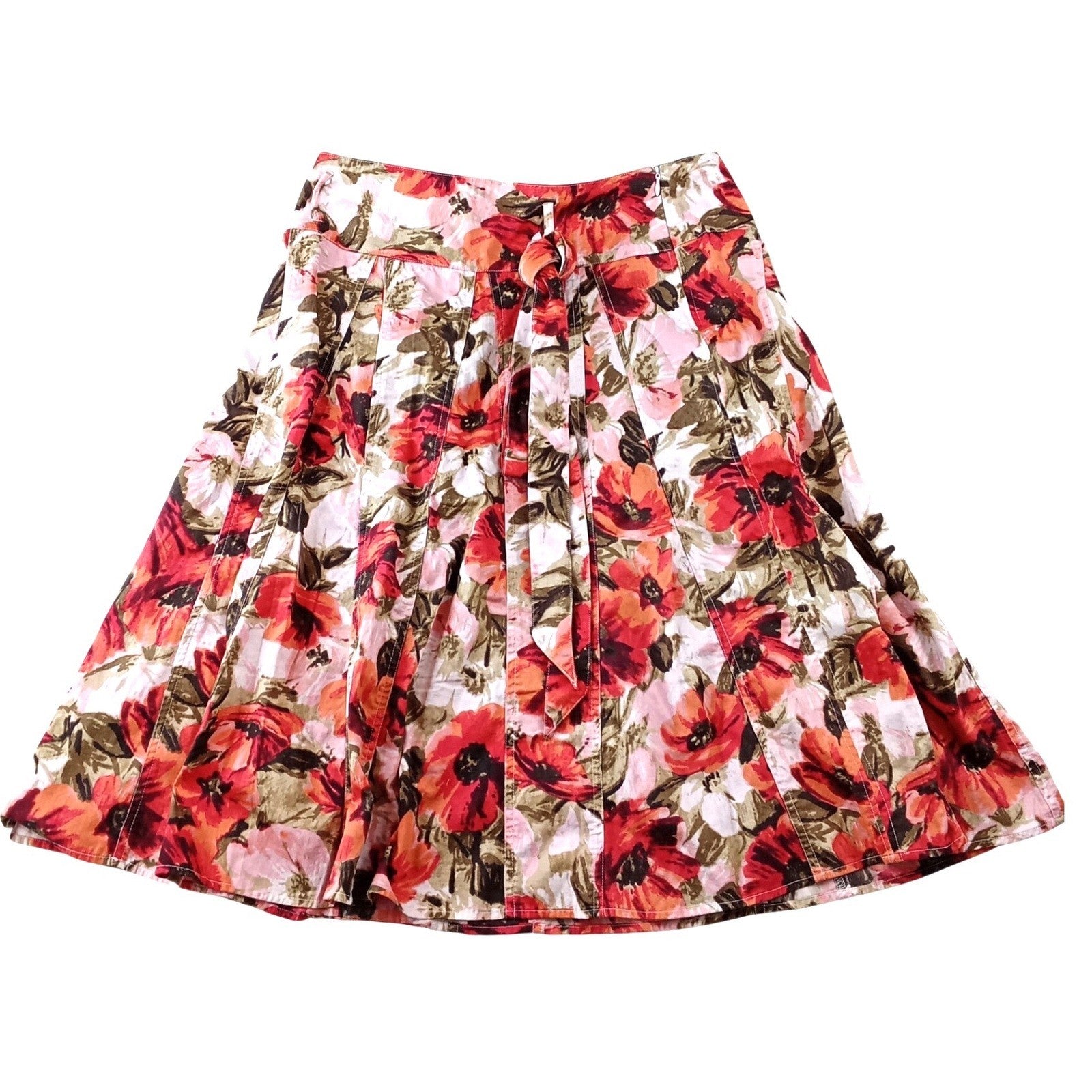 Grace Elements Red Floral Cotton A-Line Belted Skirt Womens Size 10 Pleated Knee