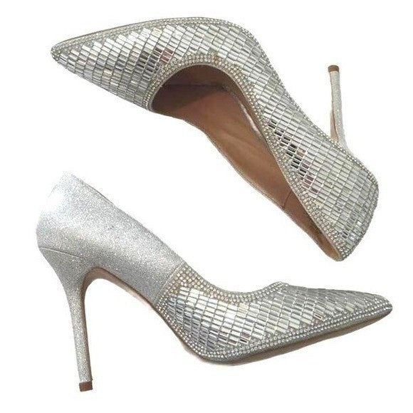 De Blossum Collection Stunning Unique Silver Mirror Mosaic High Heel Pumps Sz 10
