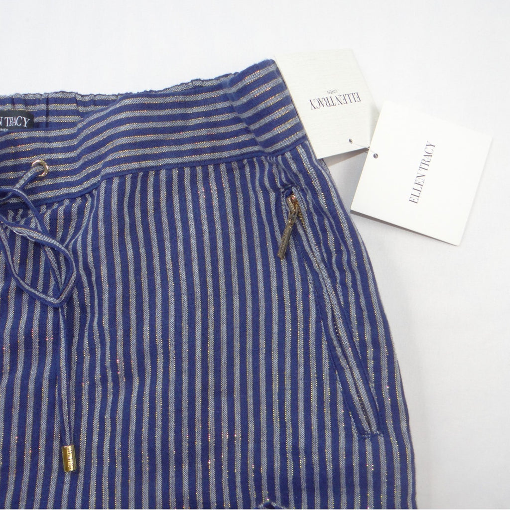 NWT-Ellen Tracy Linen Striped Drawstring Pants Navy Gold Metallic Joggers L