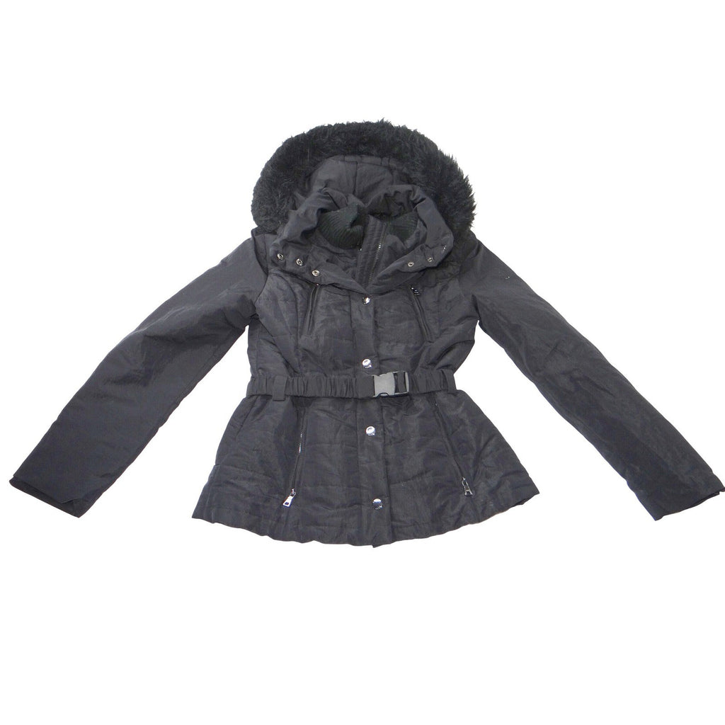 Esprit Black Faux Fur Trim Hooded Belted Winter Jacket Coat Women Size L