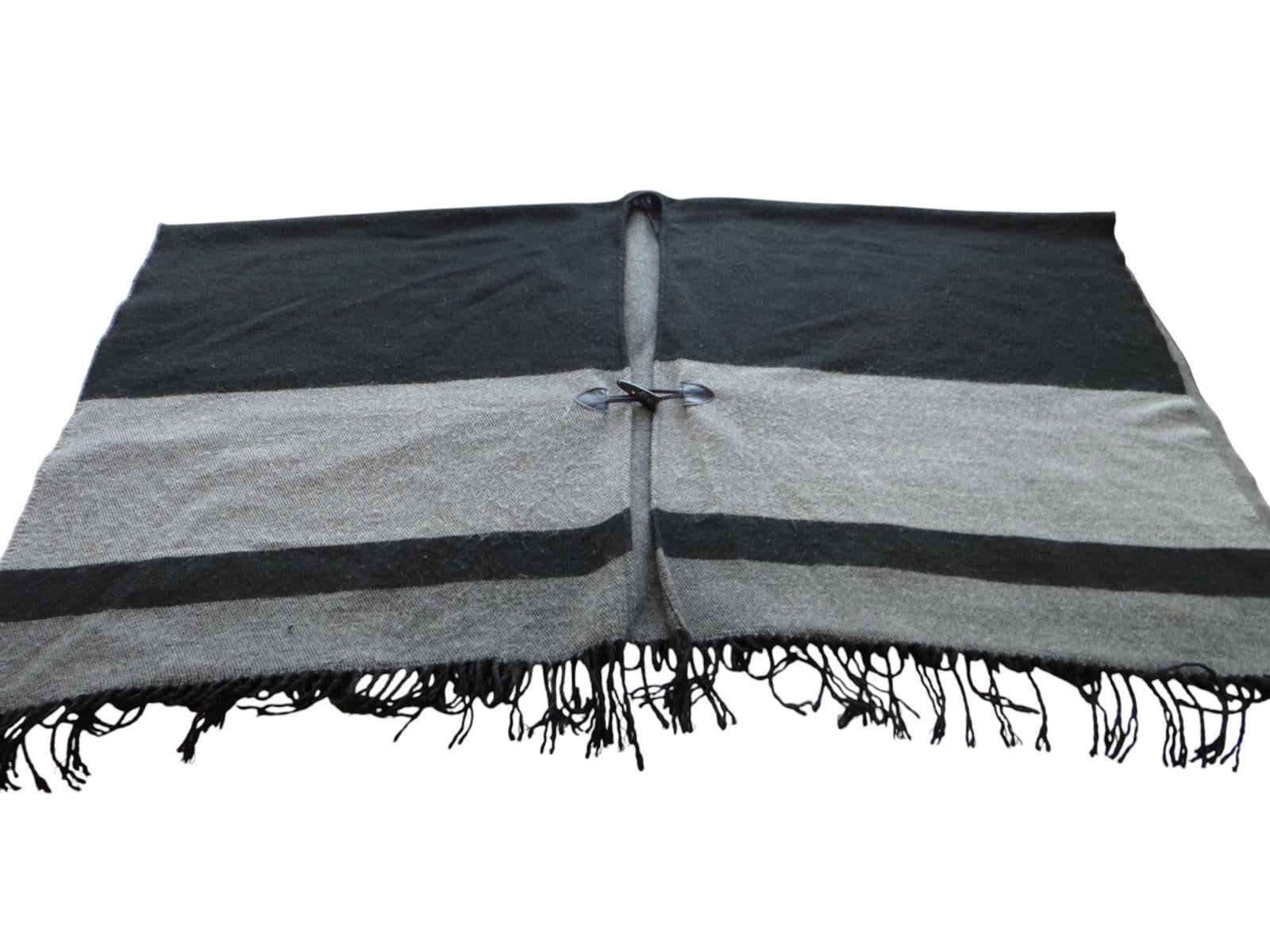 Black and Gray Women's Wool Wrap Shawl with Toggle Closure