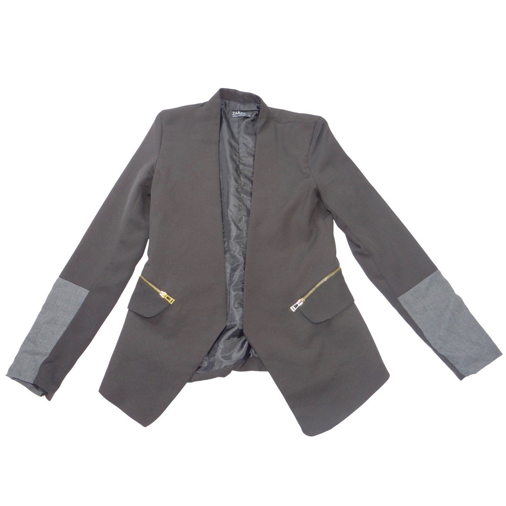 ZA&ZA Womens Black Open Front Blazer Stand Collar Contrast Sleeve Size Small