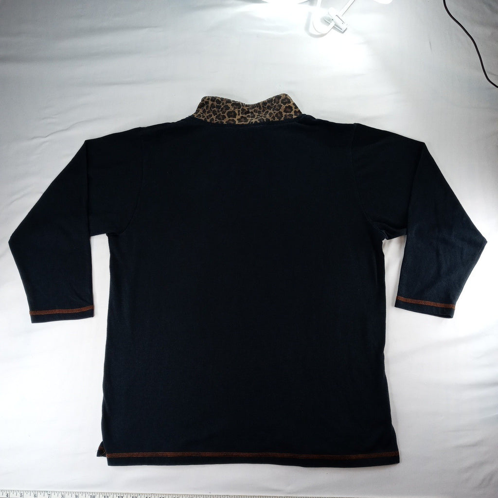 Vintage ENZL Women's Black Leopard Collar Mock Neck Long Sleeve Animal Detail