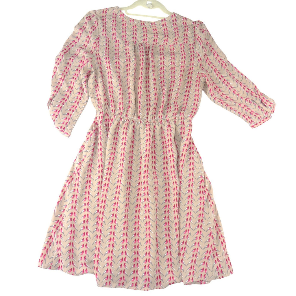 Umgee USA Womens Tan Pink Bird Print V-Neck Button Front Elastic Waist Dress M